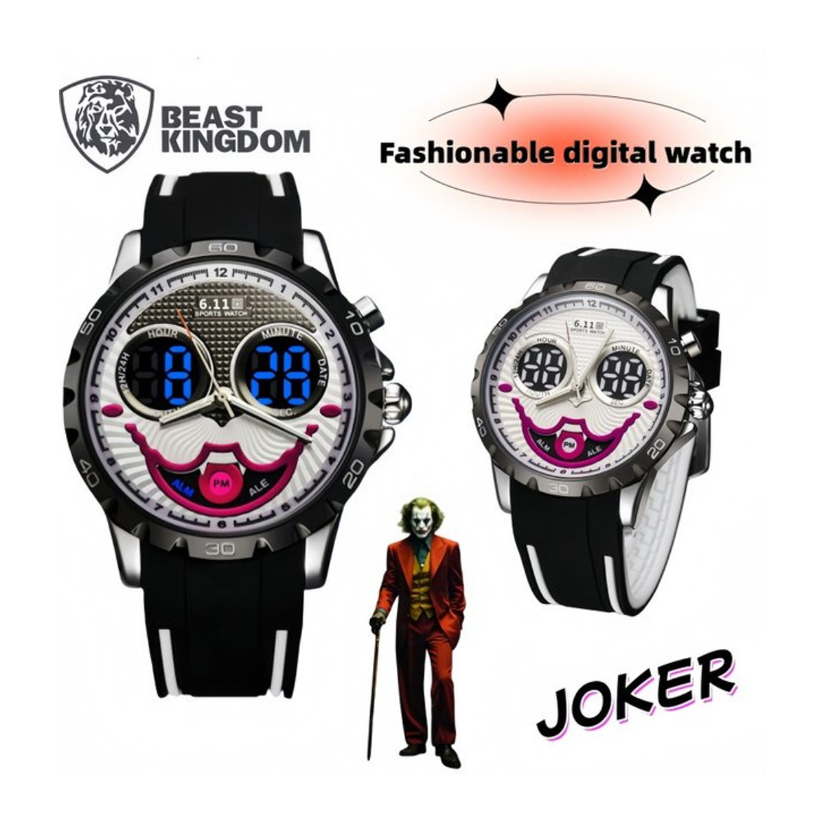 Beast Kingdom Joker Digitale Armbanduhr in Schwarz mit rundem Design aus Kunststoff - Bild 1