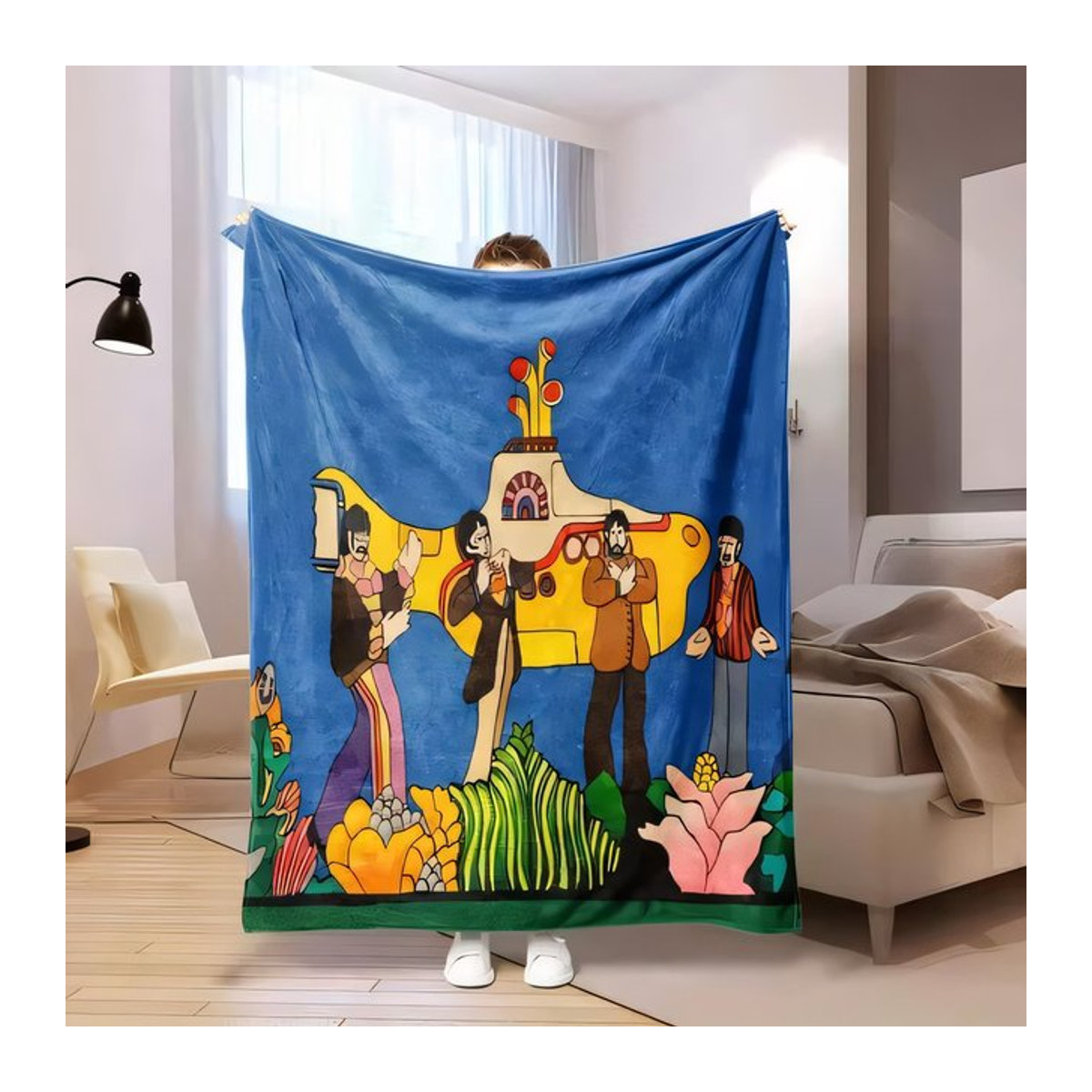 Beatles Gelbe U-Boot-Decke mit psychedelischem Kunstdesign als weiche Überwurfdecke für Bett und Sofa - Bild 1