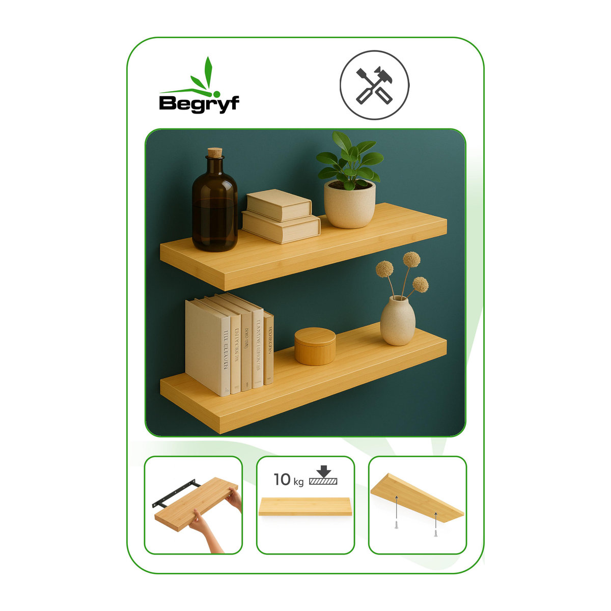 Begryf Bambusregal Set 2 Stück in Natur für Wohnzimmer, Modern Industrial Design, B: 60 cm, T: 20 cm, H: 3,8 cm - Bild 2