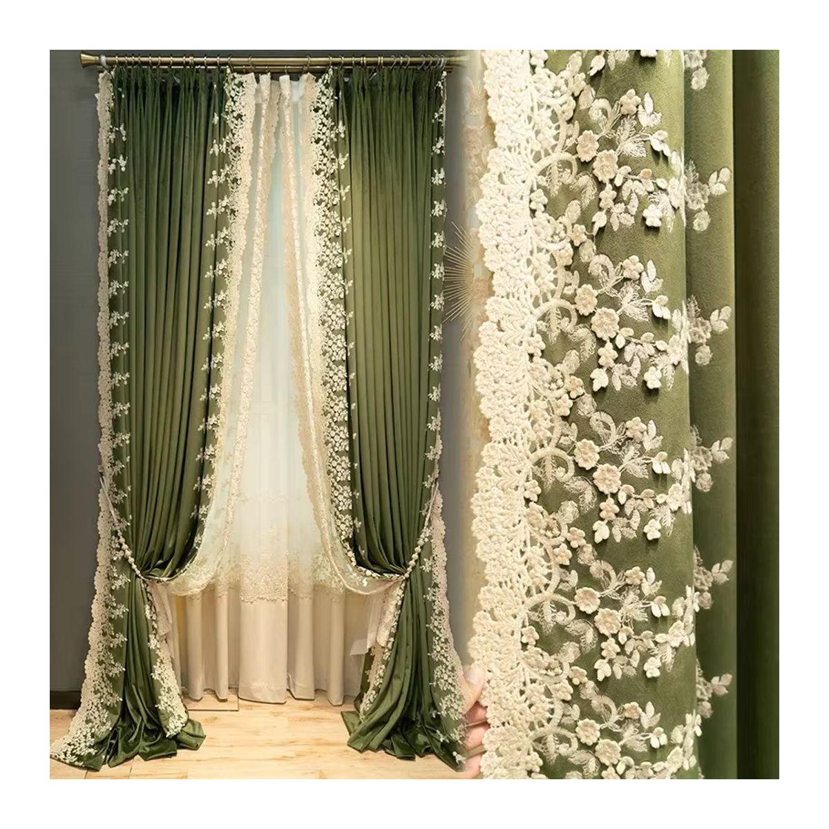 Beige Blatt-Jacquard-Vorhänge mit Golddraht-Relief zur Verdunkelung und Wärmeisolation für dein Wohnzimmer oder Schlafzimmer - Bild 1