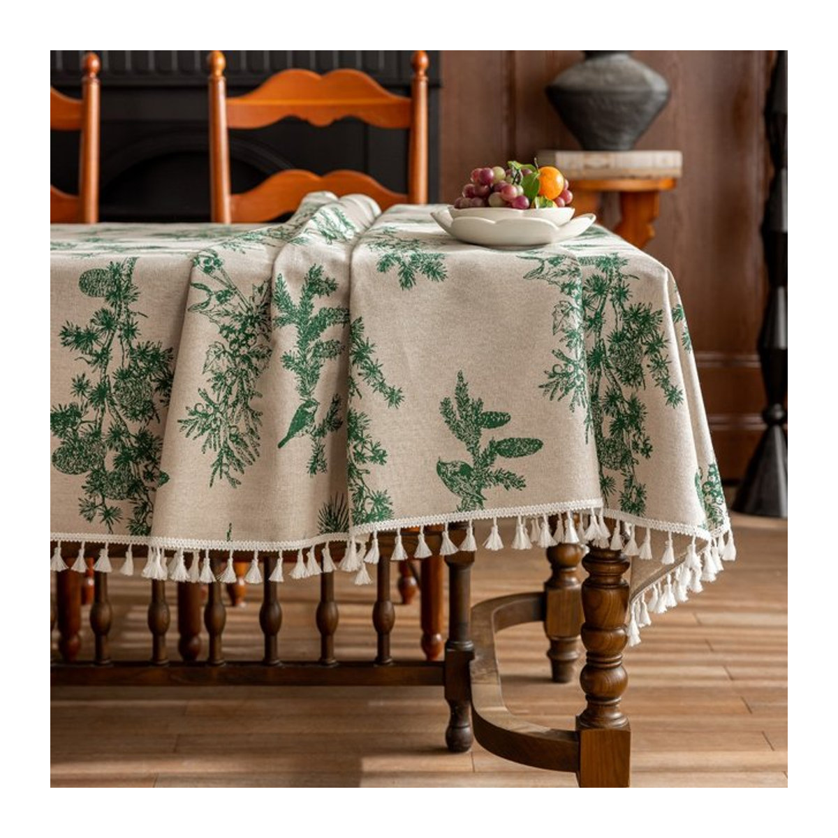Beige Tischdecke aus Baumwoll-Leinen mit Blumenmuster und Quasten - Bild 1