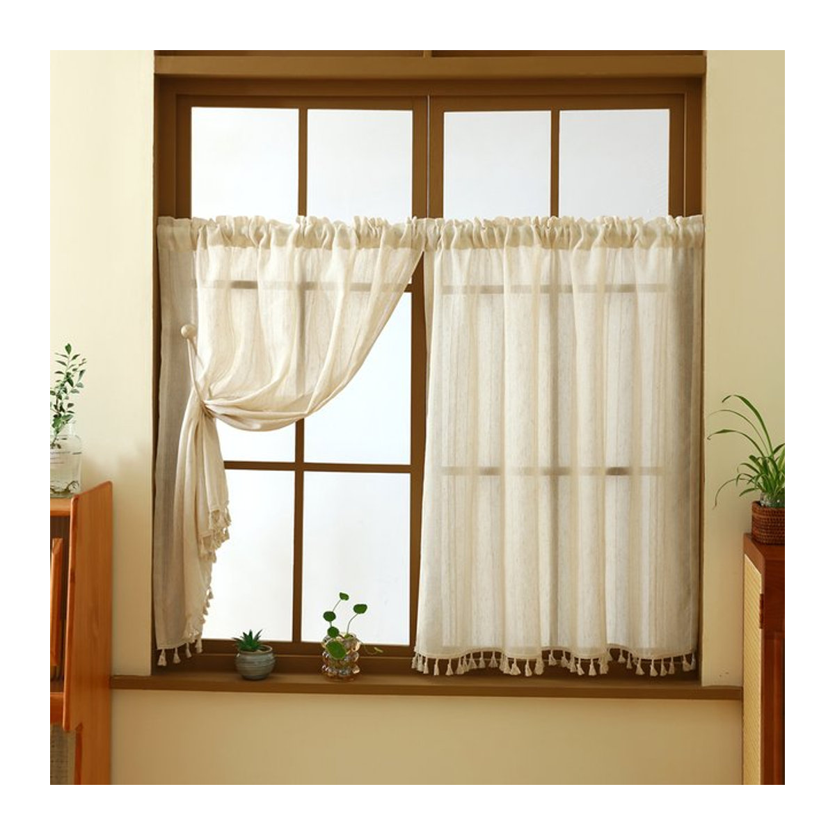 Beigefarbener Leinen-Kurzvorhang im japanischen Boho-Stil mit Stangentasche für kleine Fenster und Türdekoration - Bild 1