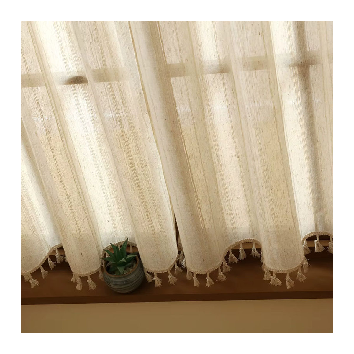 Beigefarbener Leinen-Kurzvorhang im japanischen Boho-Stil mit Stangentasche für kleine Fenster und Türdekoration - Bild 2