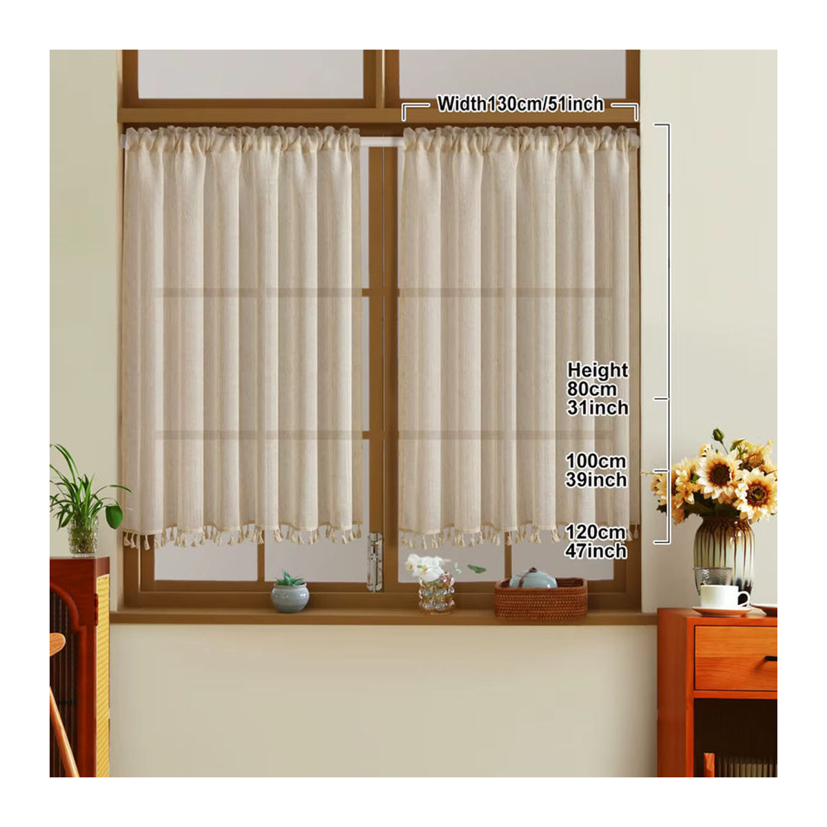 Beigefarbener Leinen-Kurzvorhang im japanischen Boho-Stil mit Stangentasche für kleine Fenster und Türdekoration - Bild 3