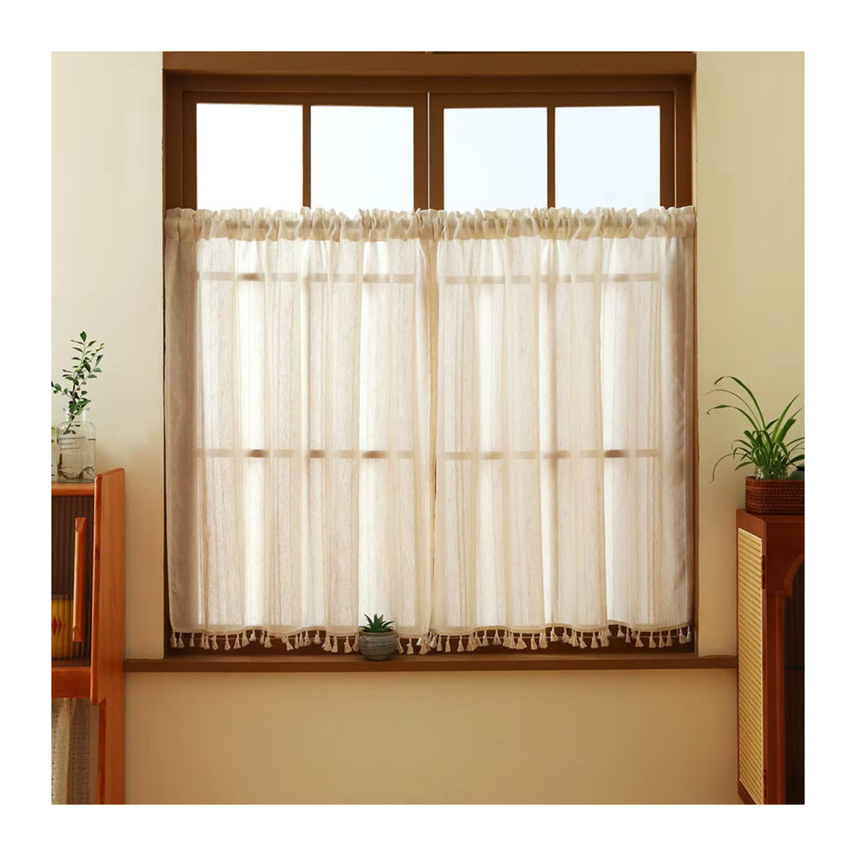 Beigefarbener Leinen-Kurzvorhang im japanischen Boho-Stil mit Stangentasche für kleine Fenster und Türdekoration - Bild 4