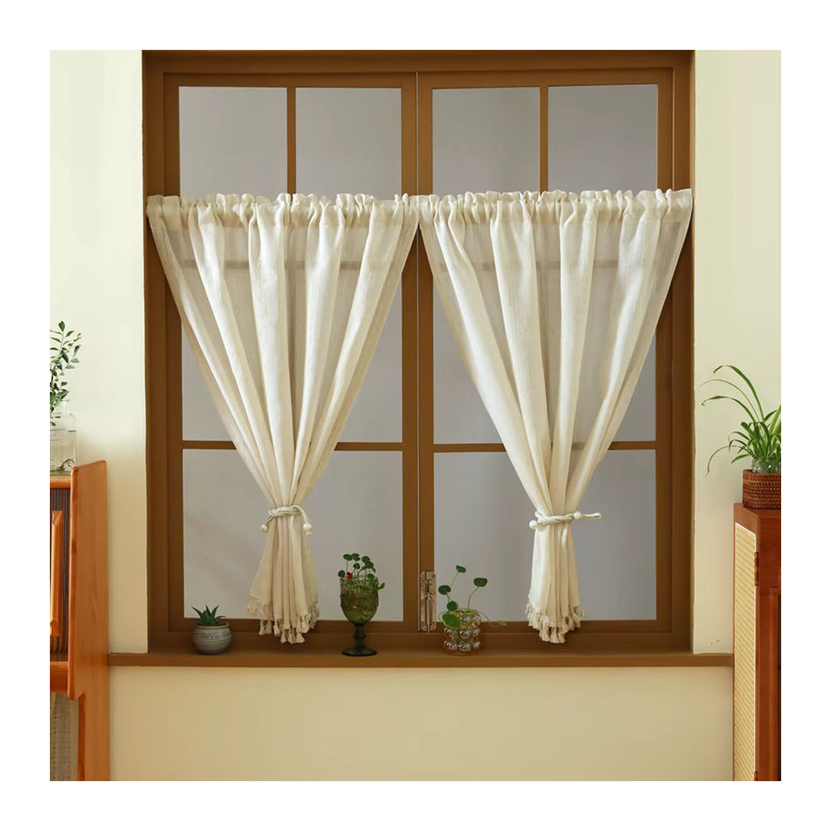 Beigefarbener Leinen-Kurzvorhang im japanischen Boho-Stil mit Stangentasche für kleine Fenster und Türdekoration - Bild 5
