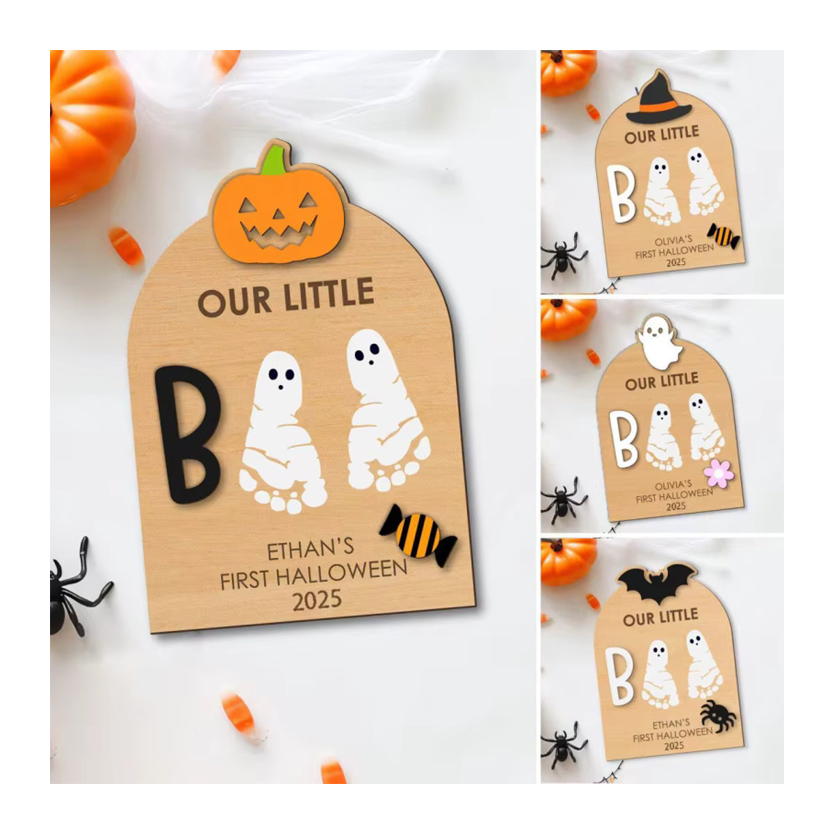 Beiges Halloween Handabdruck und Fußabdruck Schild aus Holz als Baby Gedenkschild - Bild 1
