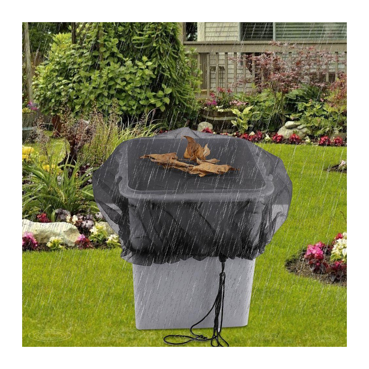 Beijieete Regenfass-Abdeckung mit Kordelzug und Auffangnetz in Schwarz, Durchmesser: 60 cm - Bild 7