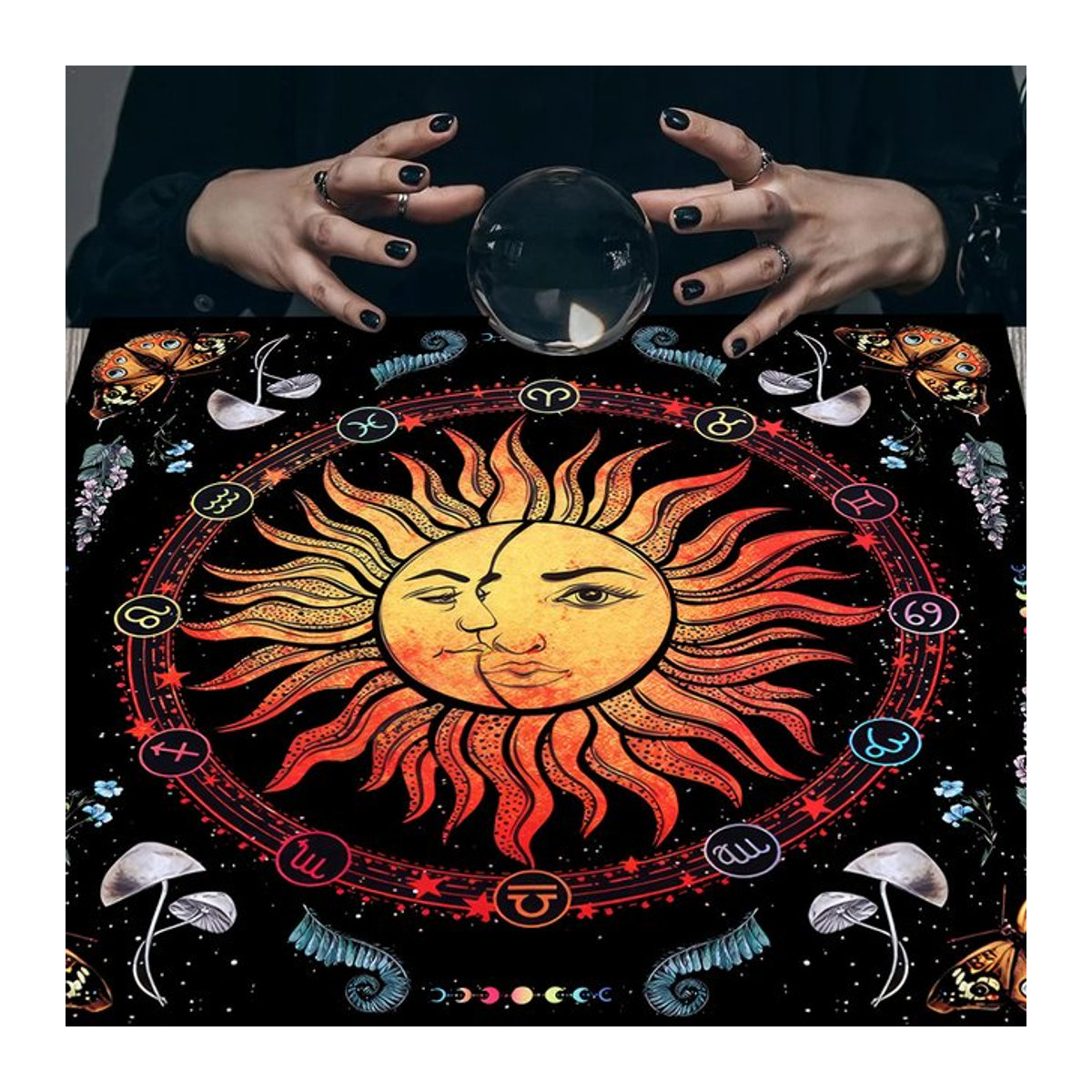 BEILIOU Tischdecke mit Sonne und Mond Motiv in Schwarz, B/B: 75 x 75 cm - Bild 1
