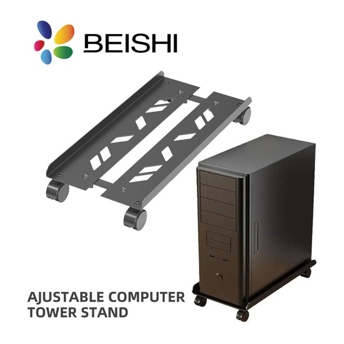BEISHI Verstellbarer Computerturmständer aus Metall in Schwarz mit 4 Lenkrollen als CPU-Halter und PC-Bodenwagen - Bild 1