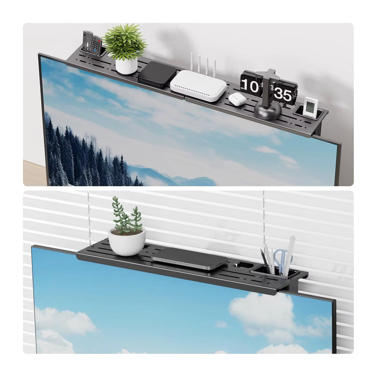 BEISHI Verstellbares Aufbewahrungsregal für TV-Bildschirme und Computermonitore mit 2 Aufbewahrungsboxen in Schwarz, Minimalistisches Design - Bild 3