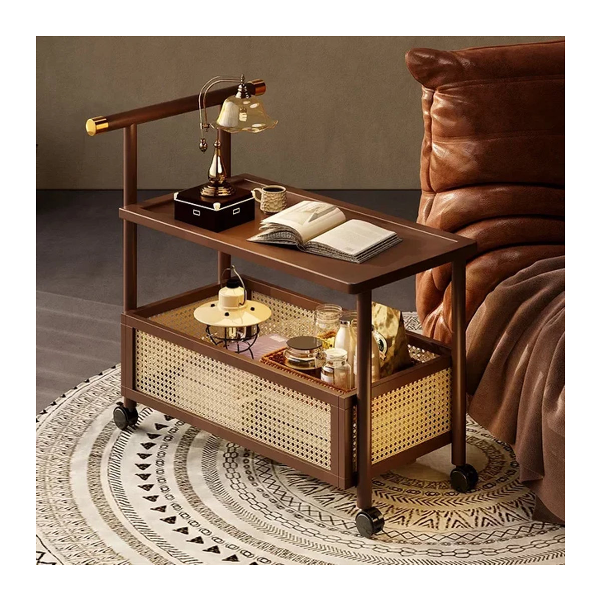 Beistelltisch aus Massivholz im Vintage-Stil mit Rattan-Elementen, rechteckiger Teetisch in Schwarz oder Braun - Bild 1