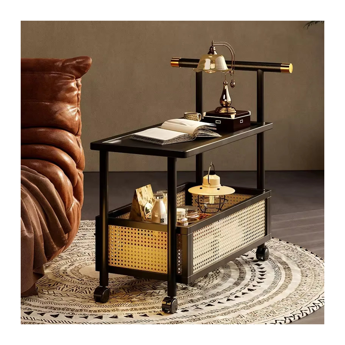Beistelltisch aus Massivholz im Vintage-Stil mit Rattan-Elementen, rechteckiger Teetisch in Schwarz oder Braun - Bild 2