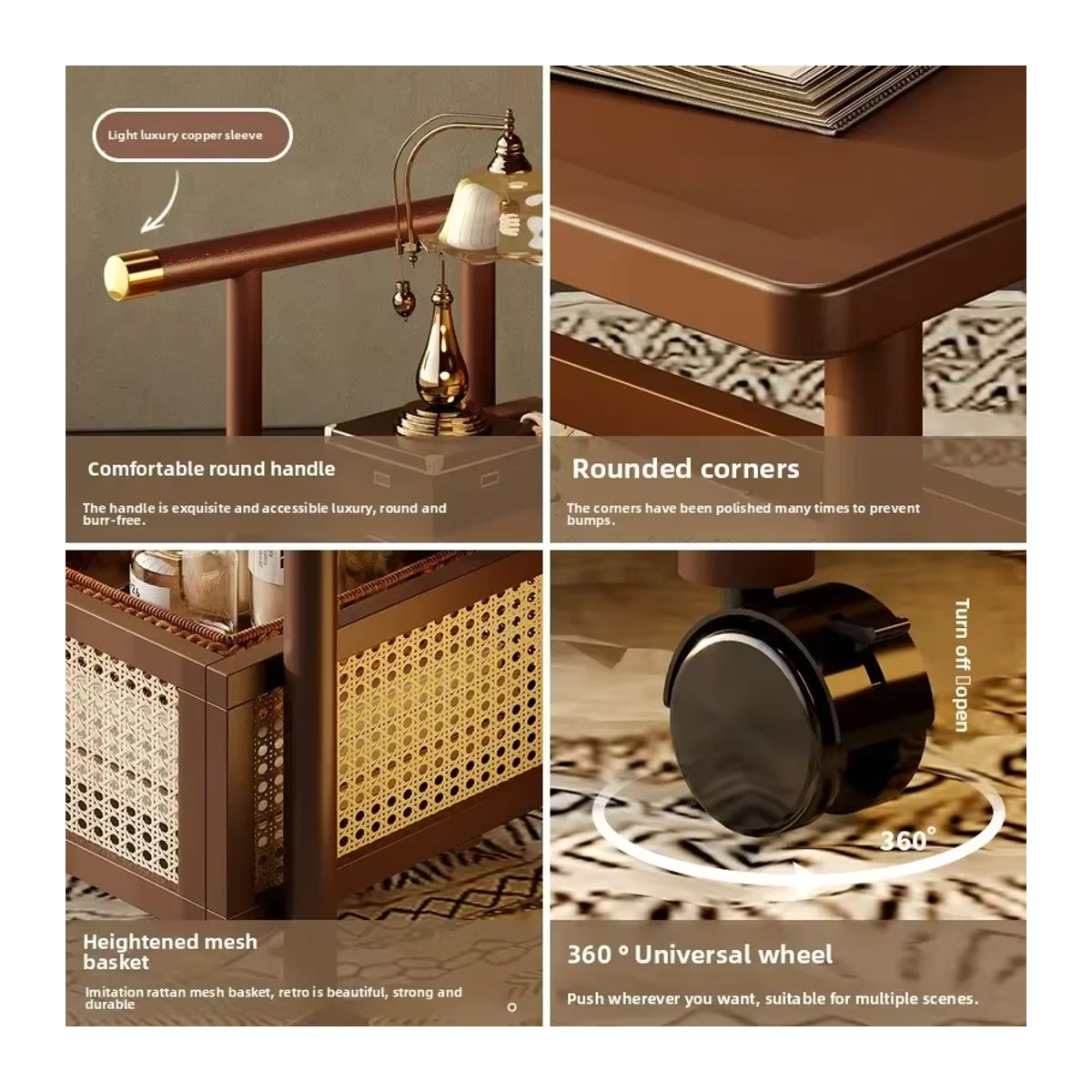 Beistelltisch aus Massivholz im Vintage-Stil mit Rattan-Elementen, rechteckiger Teetisch in Schwarz oder Braun - Bild 3