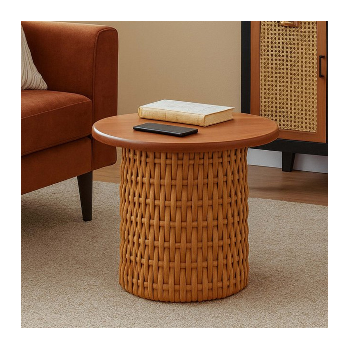 Beistelltisch MCW aus Mahagoniholz und Rattan in Braun, runder Loungetisch im Bohemian-Stil, Durchmesser: 44 cm - Bild 1