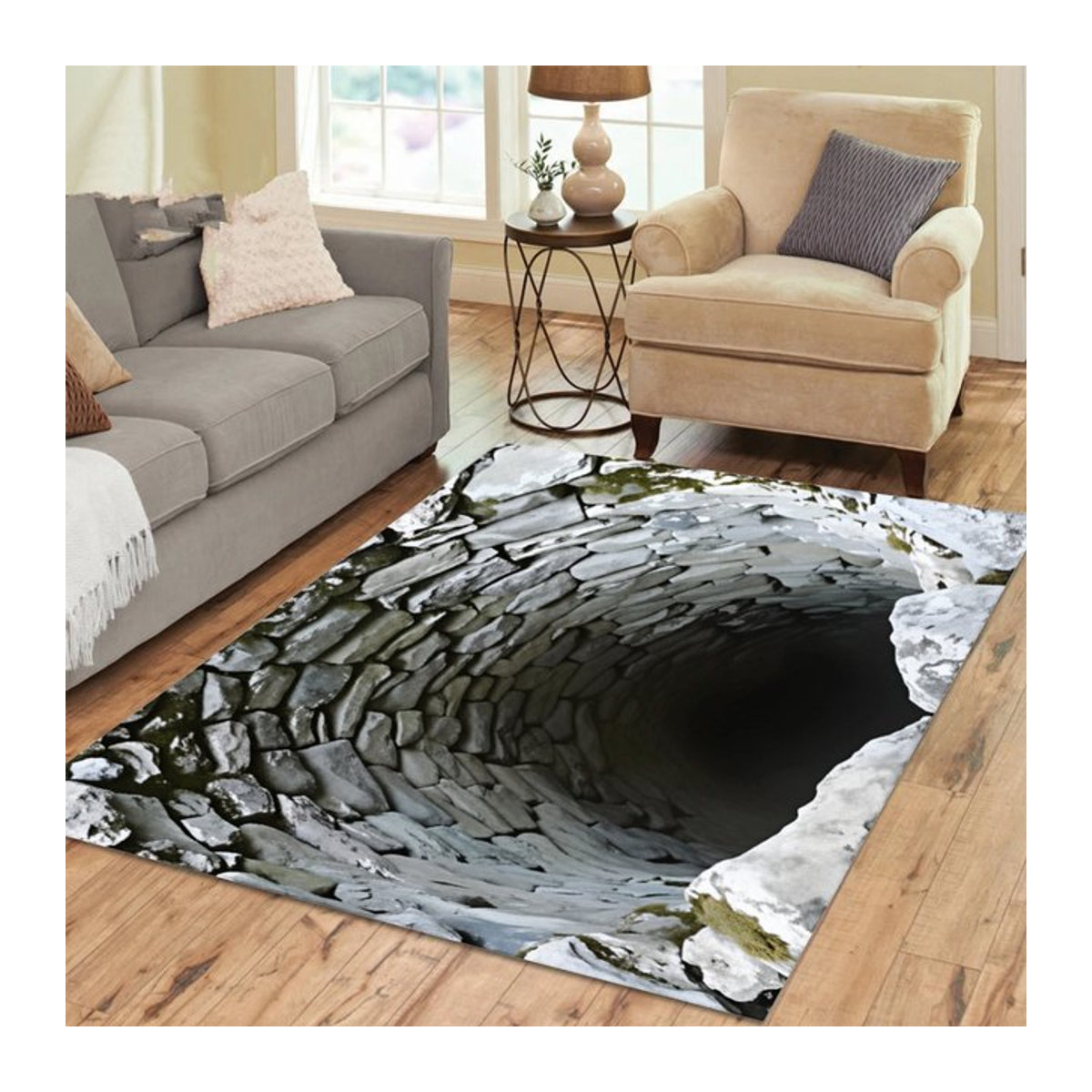 Beiwoer 3D-Loch-Illusions-Teppich in Grau mit realistischem Höhlen-Design, waschbar und rutschfest - Bild 1