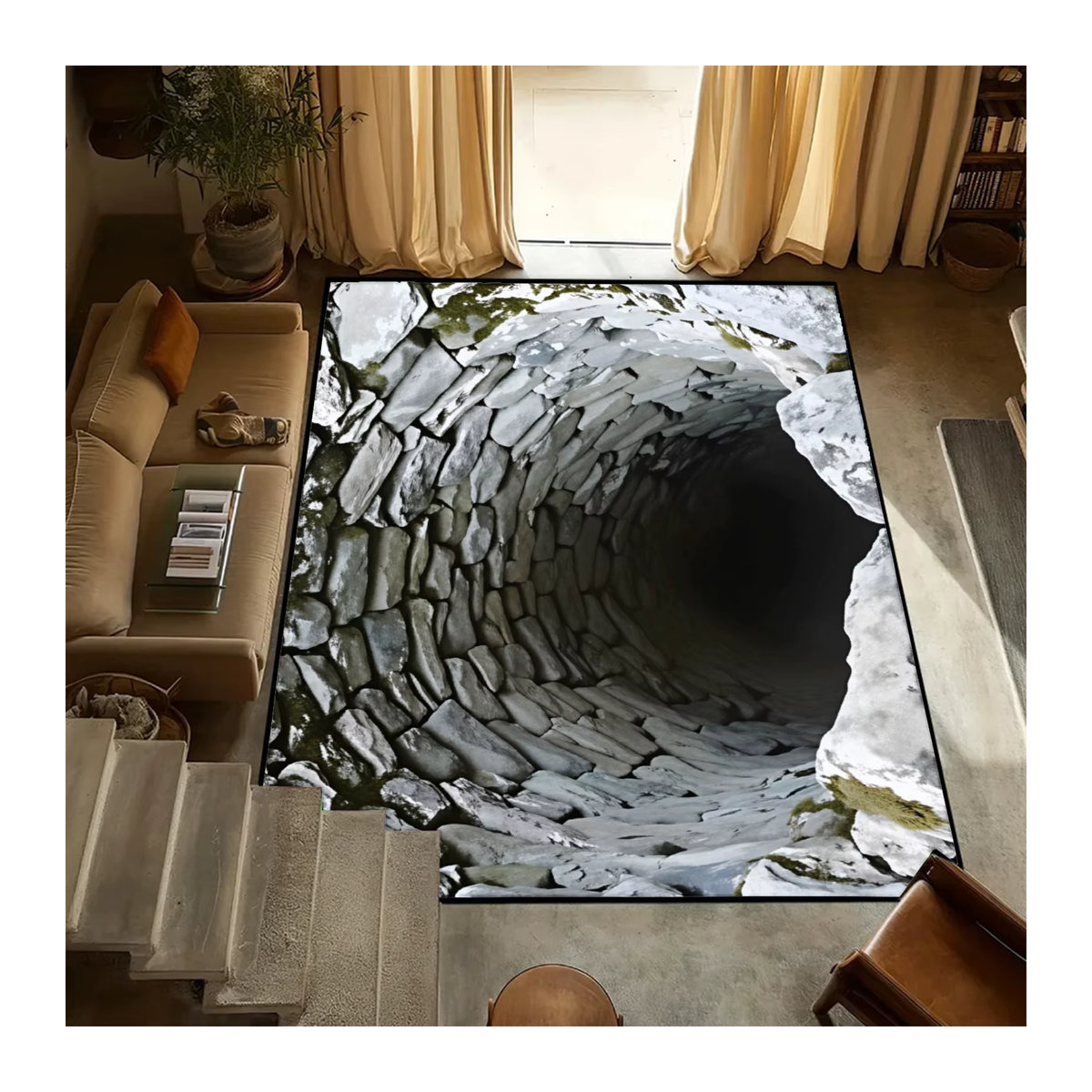 Beiwoer 3D-Loch-Illusions-Teppich in Grau mit realistischem Höhlen-Design, waschbar und rutschfest - Bild 2