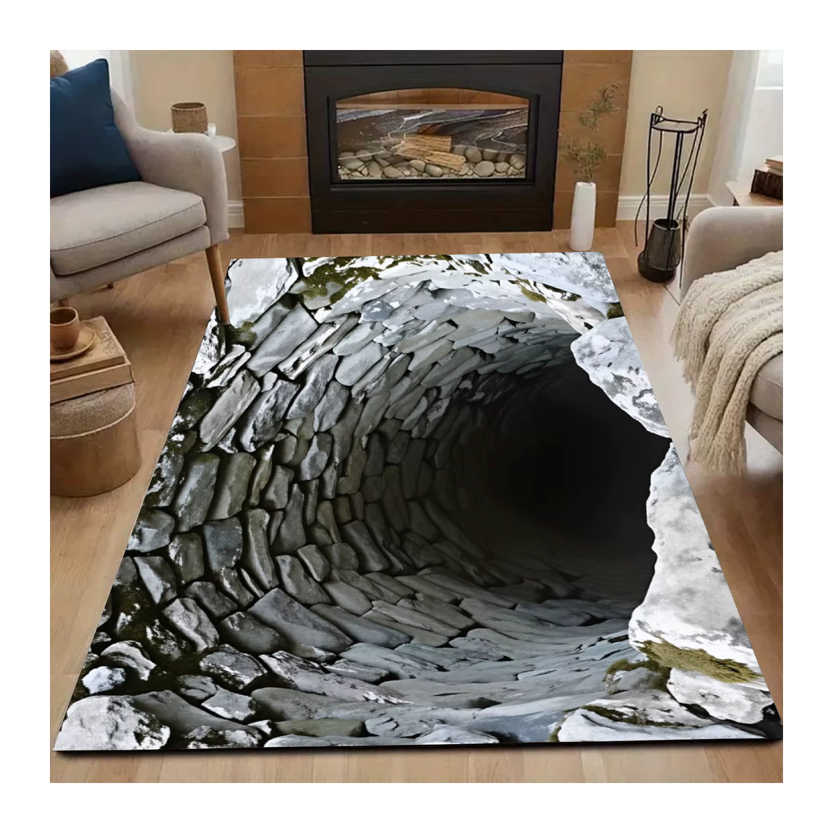Beiwoer 3D-Loch-Illusions-Teppich in Grau mit realistischem Höhlen-Design, waschbar und rutschfest - Bild 3