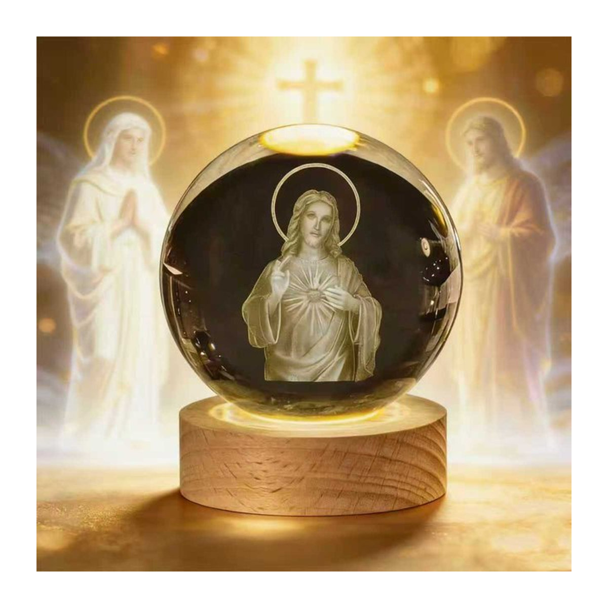 Beleuchtetes Kristallkugel-Set Jesus und Jungfrau Maria mit Kreuz aus transparentem Glas für deine Devotion - Bild 1
