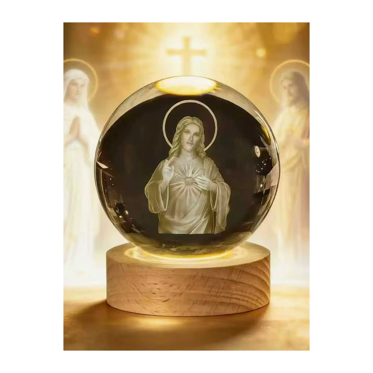 Beleuchtetes Kristallkugel-Set Jesus und Jungfrau Maria mit Kreuz aus transparentem Glas für deine Devotion - Bild 2