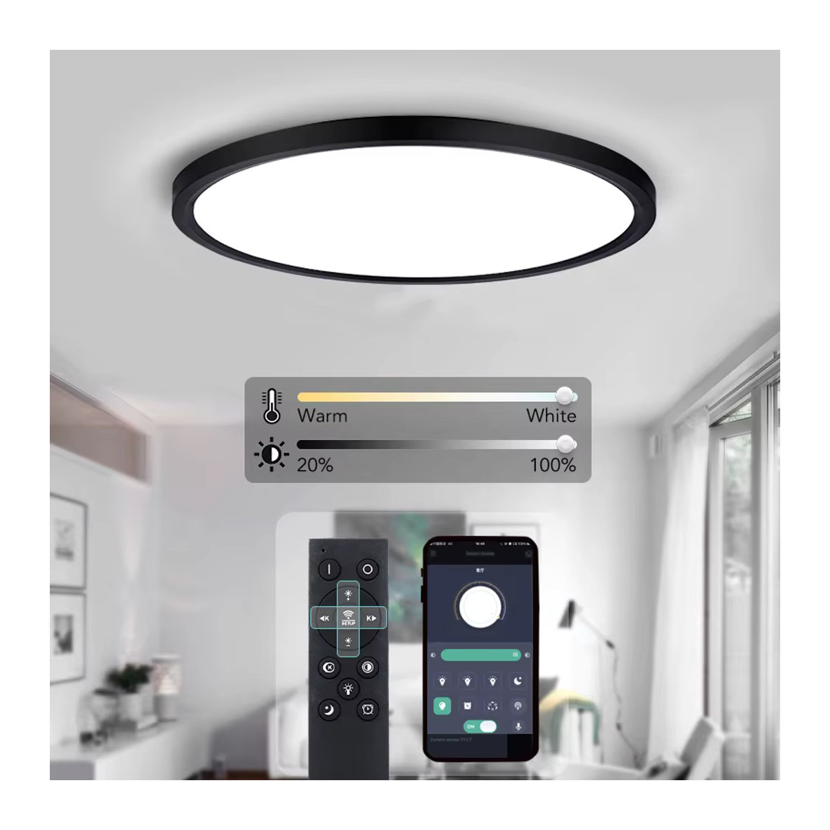 BENEWTON LED Deckenlampe in Schwarz, minimalistisches und modernes Design mit App-Fernbedienung, 45 W - Bild 2