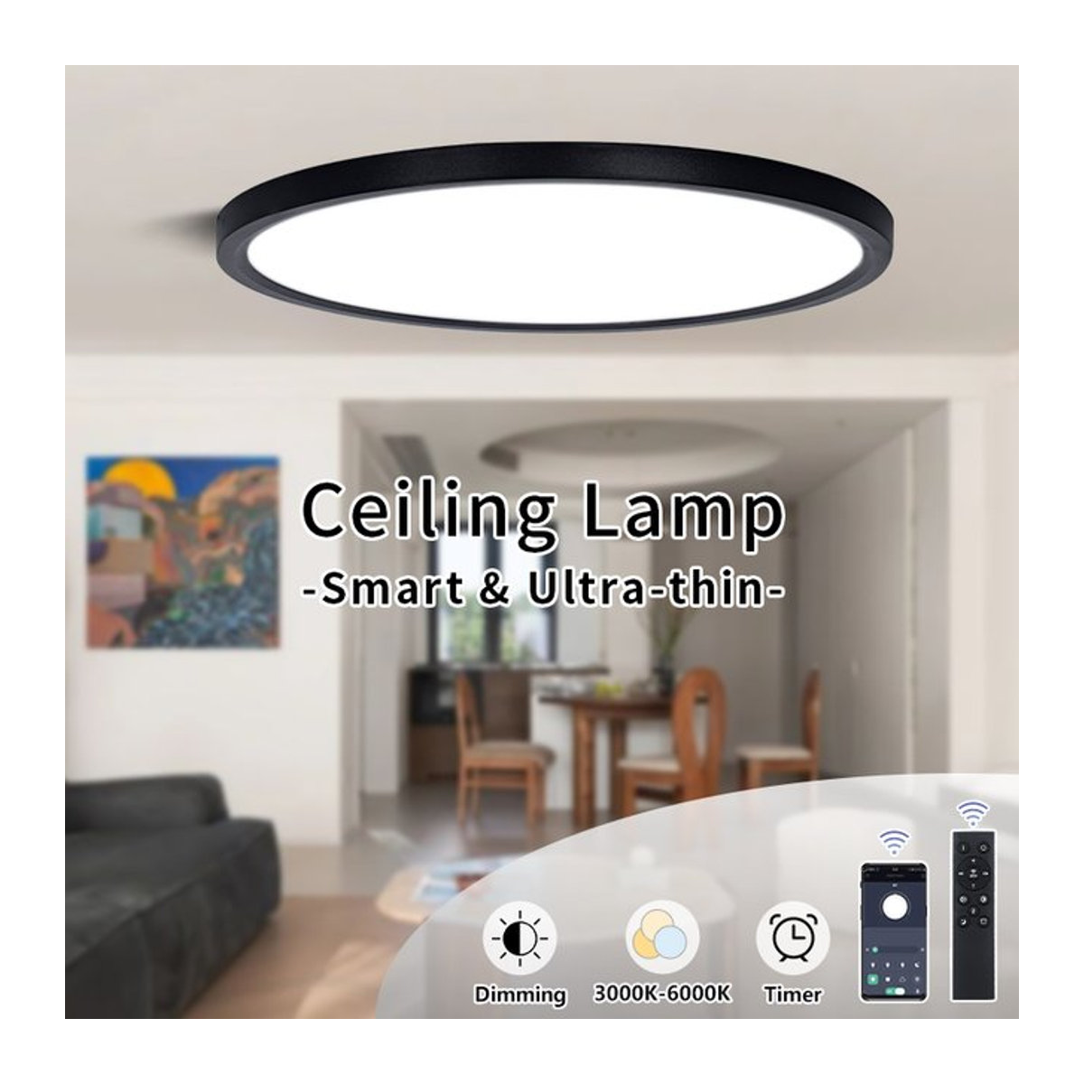 BENEWTON LED-Deckenleuchte Smart Home in Schwarz, dimmbar per App-Fernbedienung, modern und ultradünn, Durchmesser: 50 cm - Bild 1