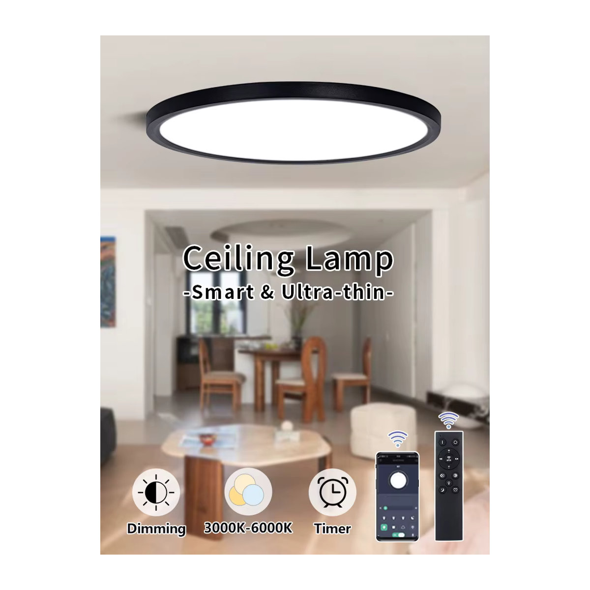 BENEWTON LED-Deckenleuchte Smart Home in Schwarz, dimmbar per App-Fernbedienung, modern und ultradünn, Durchmesser: 50 cm - Bild 5