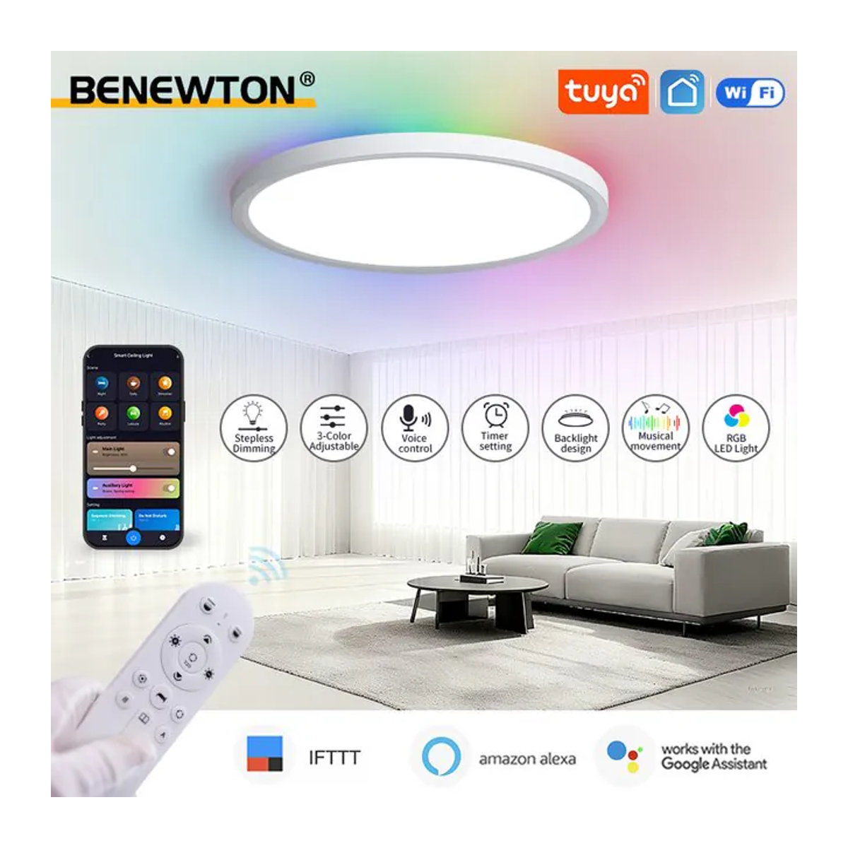BENEWTON Tuya Smart WiFi Deckenleuchte mit RGB Flow Effekten, moderne Deckenlampe mit Alexa Sprachsteuerung und App-Steuerung, bunt - Bild 1