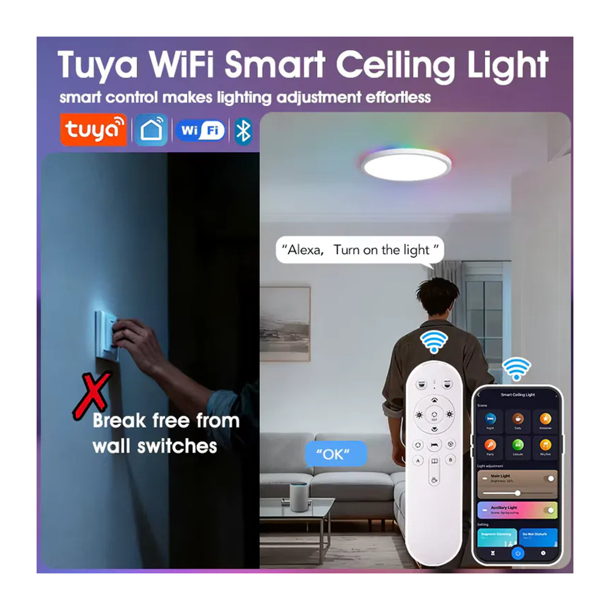 BENEWTON Tuya Smart WiFi Deckenleuchte mit RGB Flow Effekten, moderne Deckenlampe mit Alexa Sprachsteuerung und App-Steuerung, bunt - Bild 2