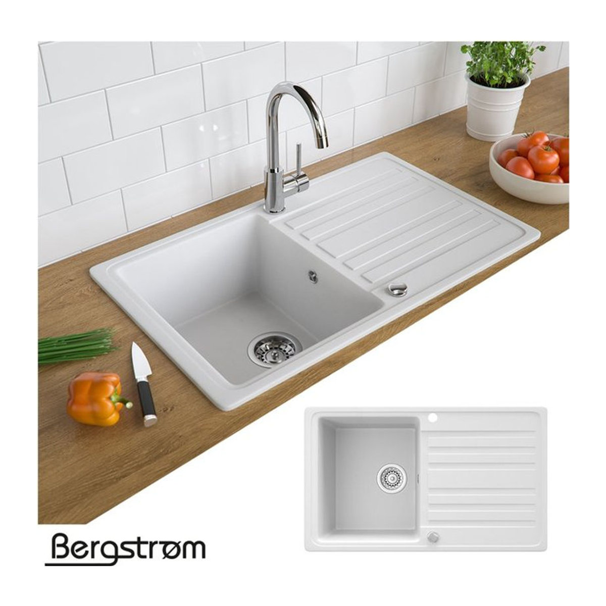 Bergström Granit Küchenspüle als Einbauspüle in Weiß, reversibel und modern - Bild 1