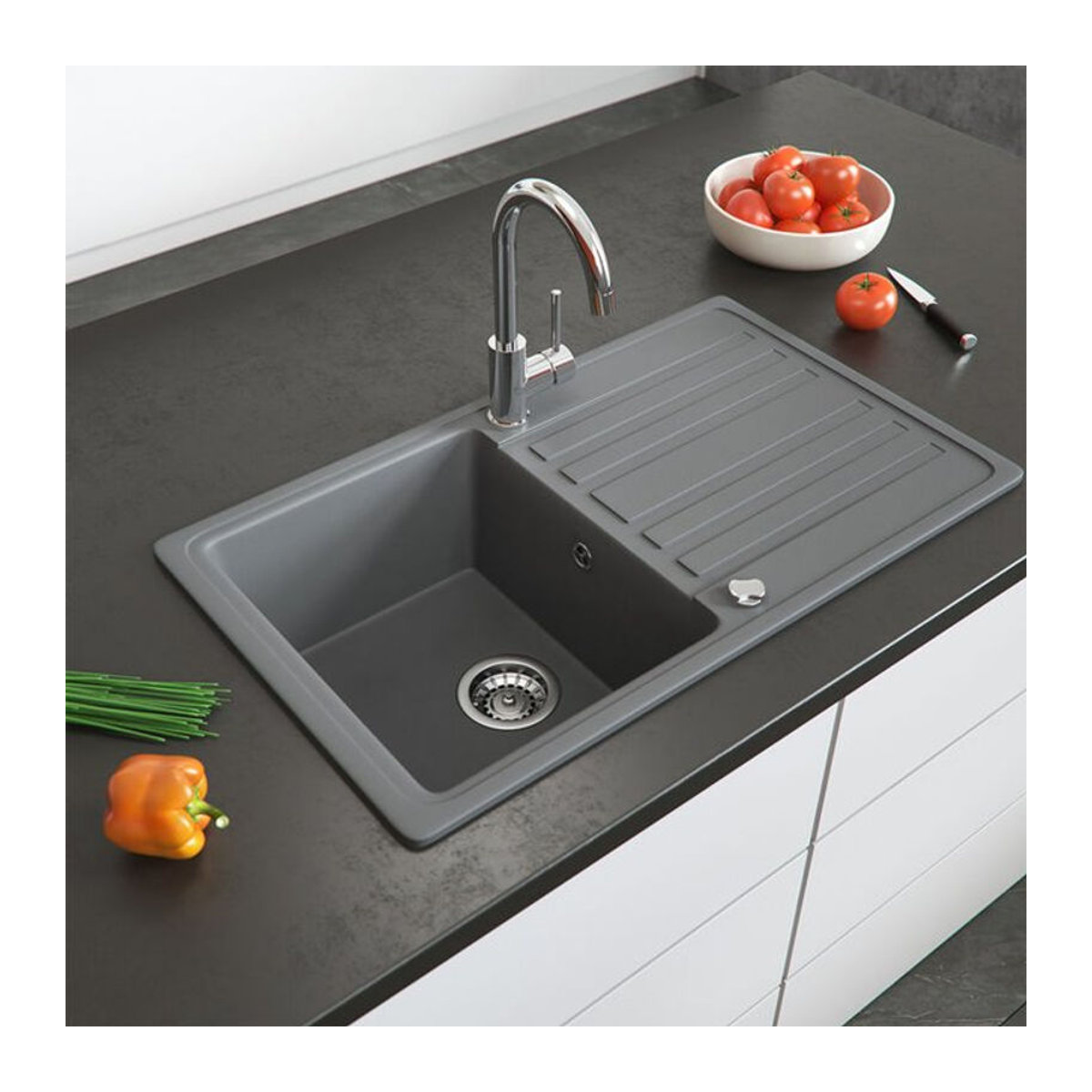 Bergström Granit Küchenspüle als Einbauspüle mit Abtropffläche, Grau, B: 76,5 cm, T: 46 cm - Bild 1