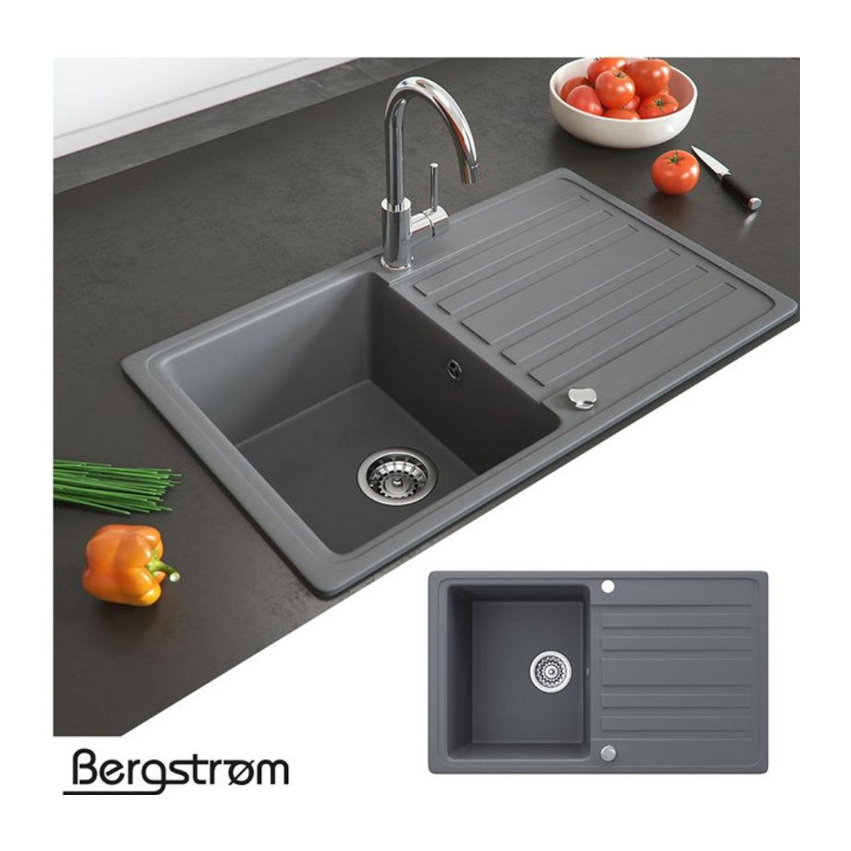 Bergström Granit Küchenspüle als Einbauspüle mit Abtropffläche, Grau, B: 76,5 cm, T: 46 cm - Bild 2