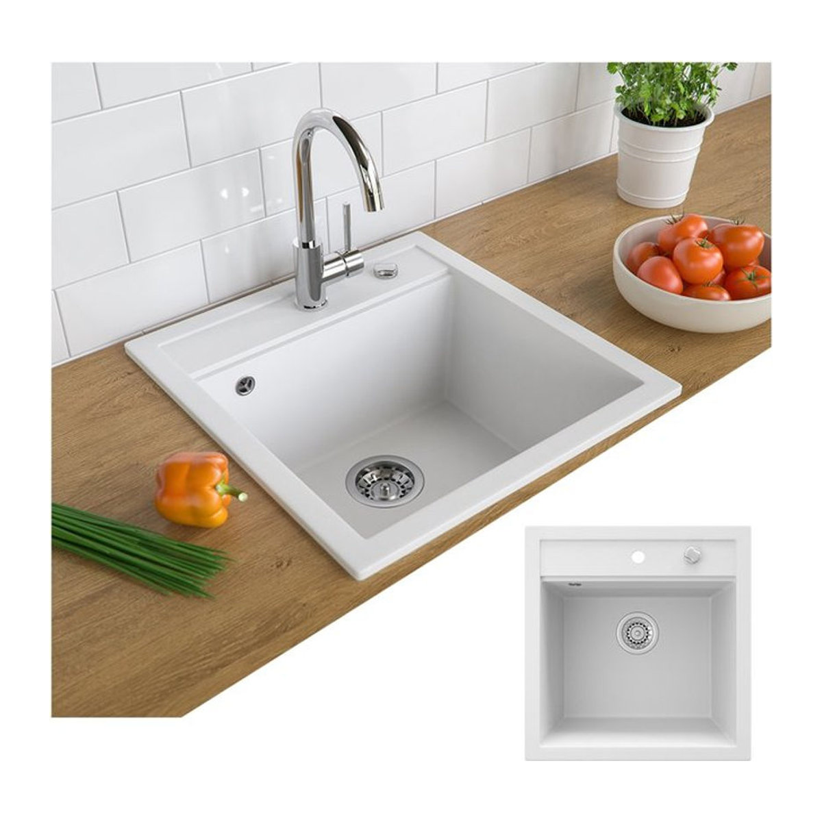 Bergström Granit Küchenspüle Einbauspüle in Weiß, Modern und Minimalistisch, B: 49 cm, T: 50 cm - Bild 1