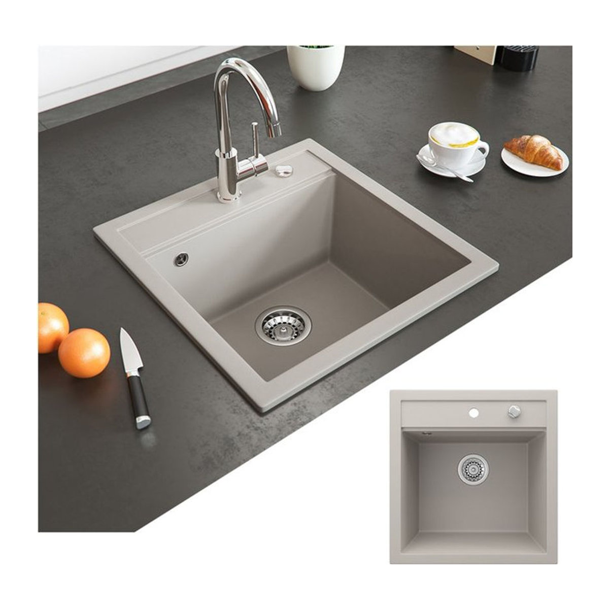 Bergström Granit Küchenspüle Einbauspüle Modern Beige B: 49 cm, H: 49 cm, T: 50 cm - Bild 1