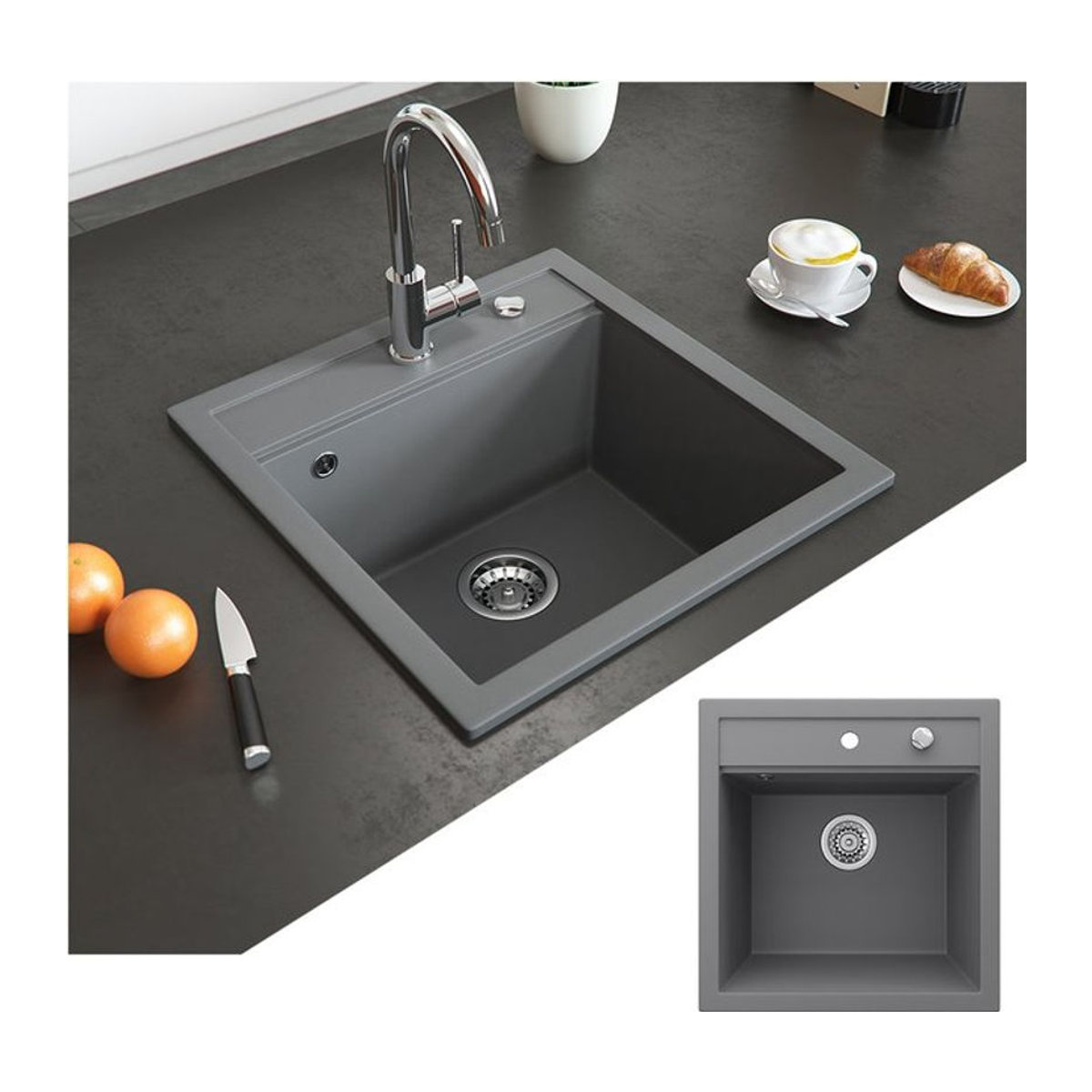 Bergström Granit Küchenspüle Einbauspüle Modern, Grau, B: 49 cm, T: 50 cm - Bild 1