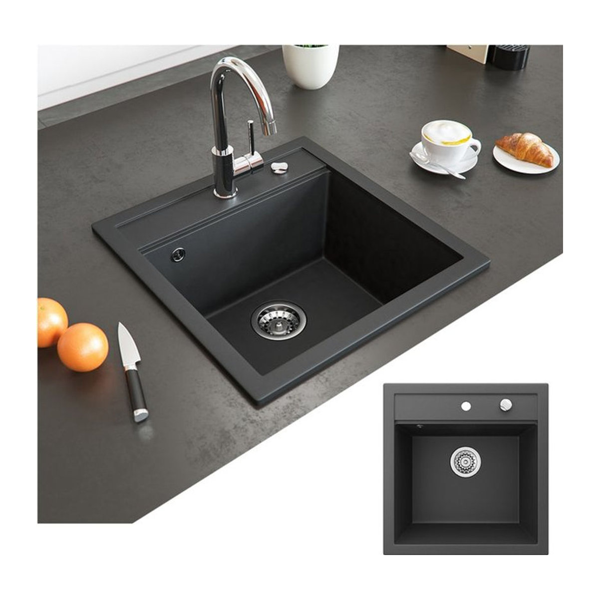 Bergström Granit Küchenspüle Einbauspüle Schwarz B: 49 cm, T: 50 cm, H: 20 cm - Bild 1