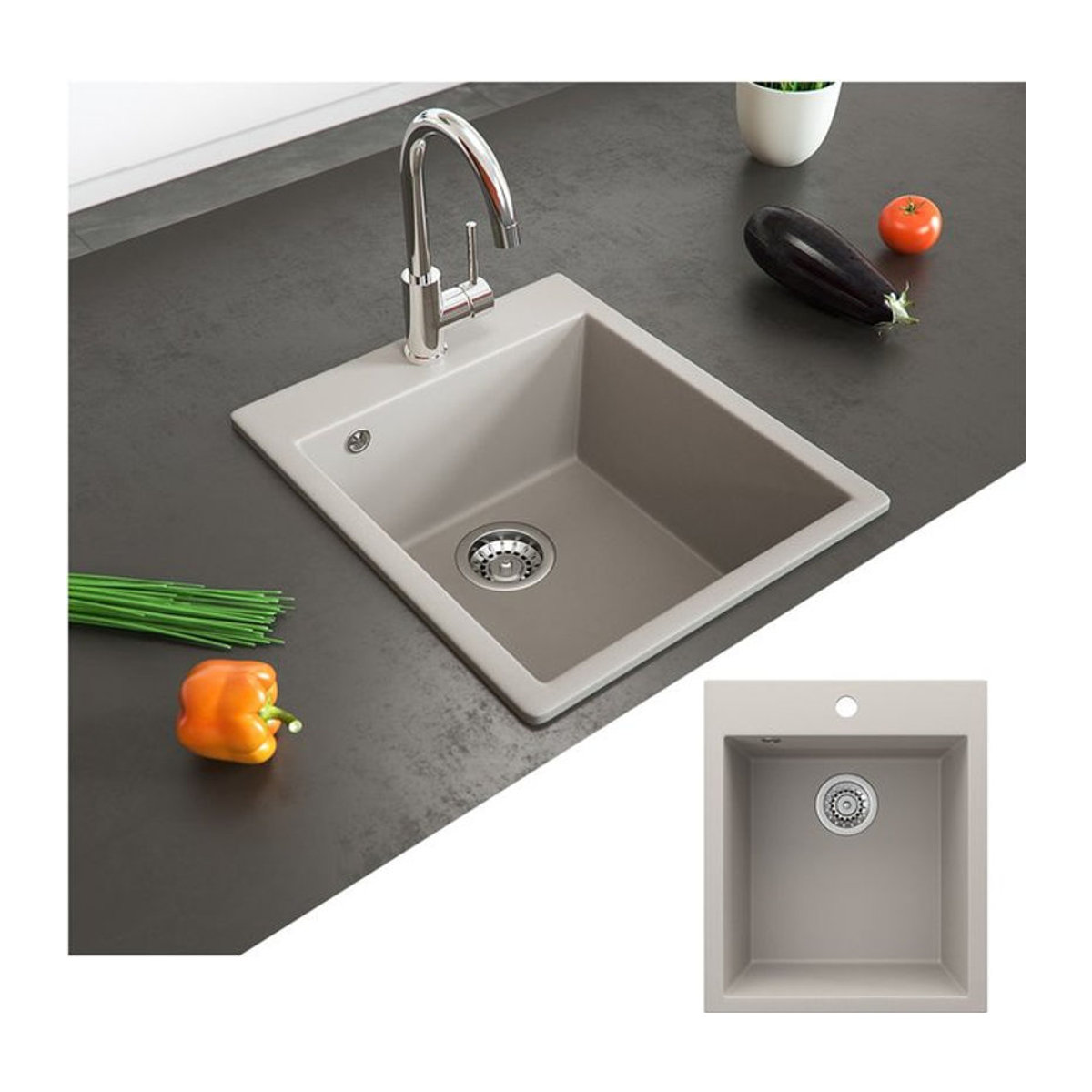 Bergström Granit Küchenspüle Einbauspüle Spülbecken in Beige, B: 50 cm, H: 42,5 cm - Bild 1