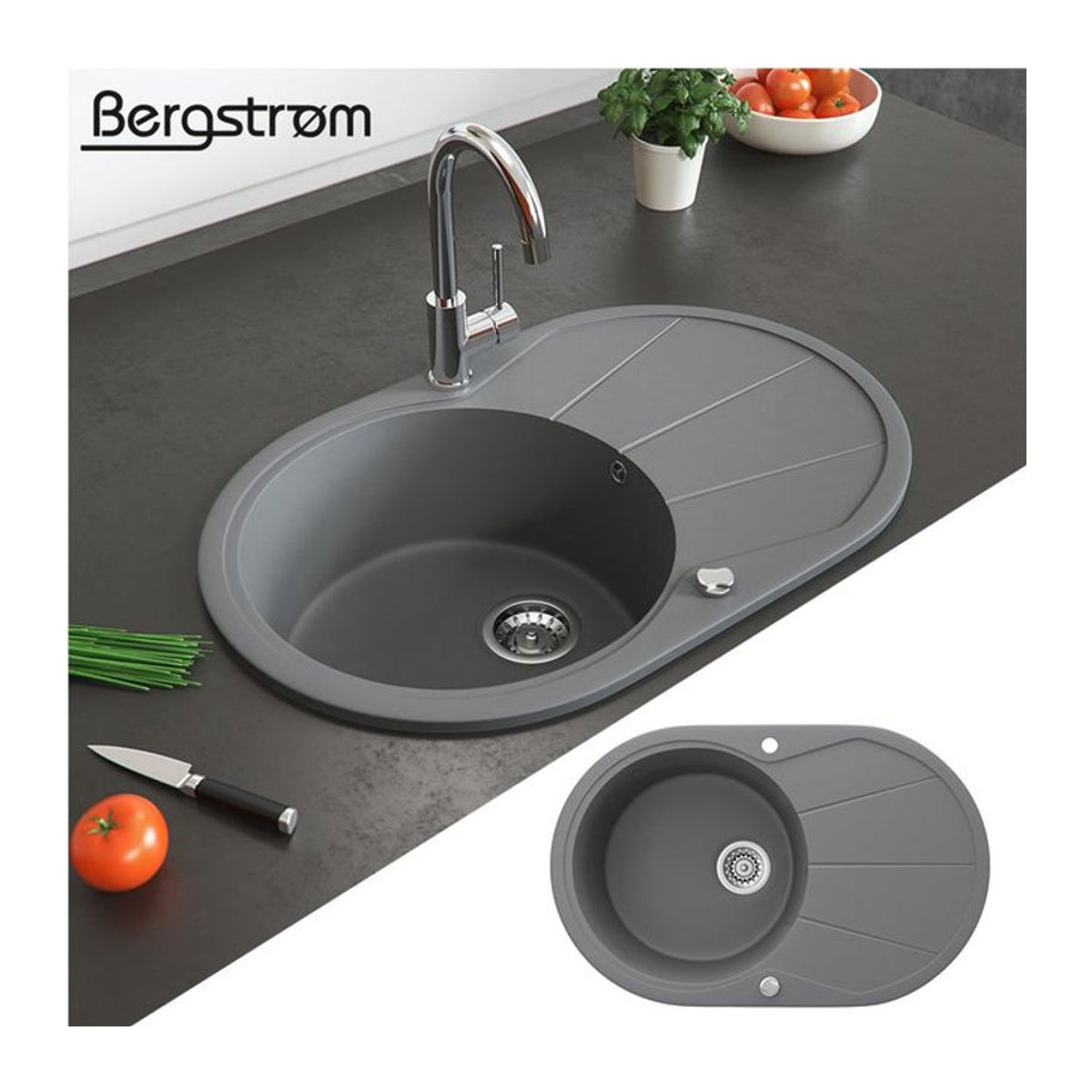 Bergström Granit Küchenspüle in Grau mit Trockenplatz und Siphon, B/T: 78 x 50 cm - Bild 1