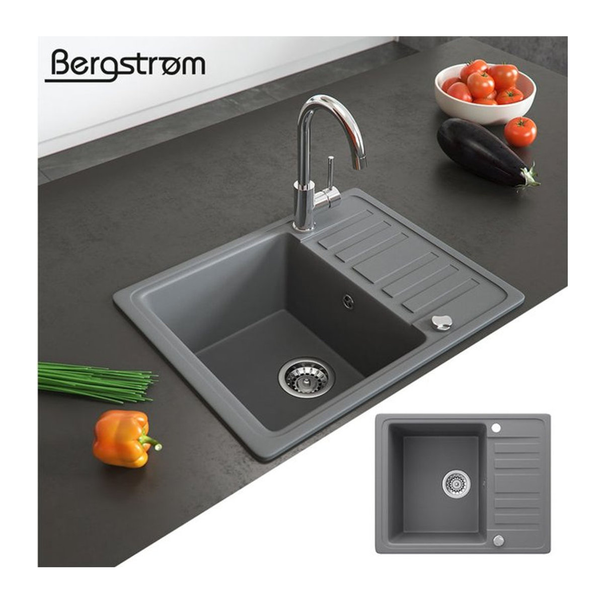 Bergström Granit Küchenspüle mit Trockenplatz in Grau, B: 57,5 cm, T: 46 cm - Bild 2