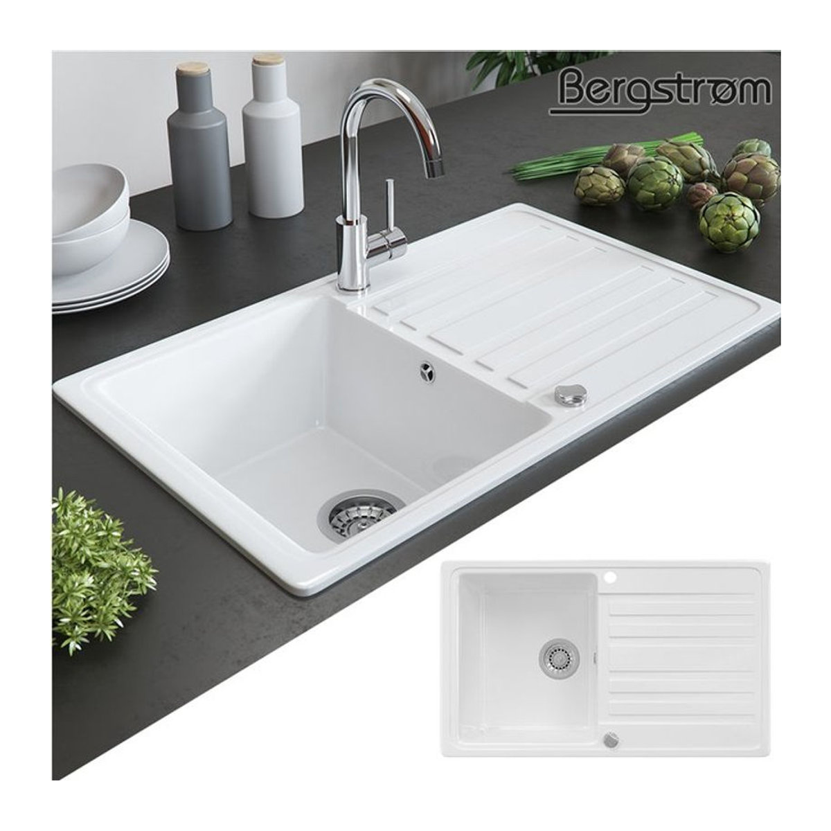 BERGSTRÖM Keramik Spüle VALENCIA Einbauspüle für die Küche in Weiß, modern beschichtet - Bild 1