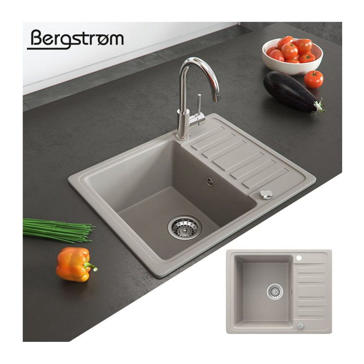 Bergström Küchenspüle aus Granit in Beige mit Spülbecken, Drehexcenter und Siphon im modernen Design - Bild 1