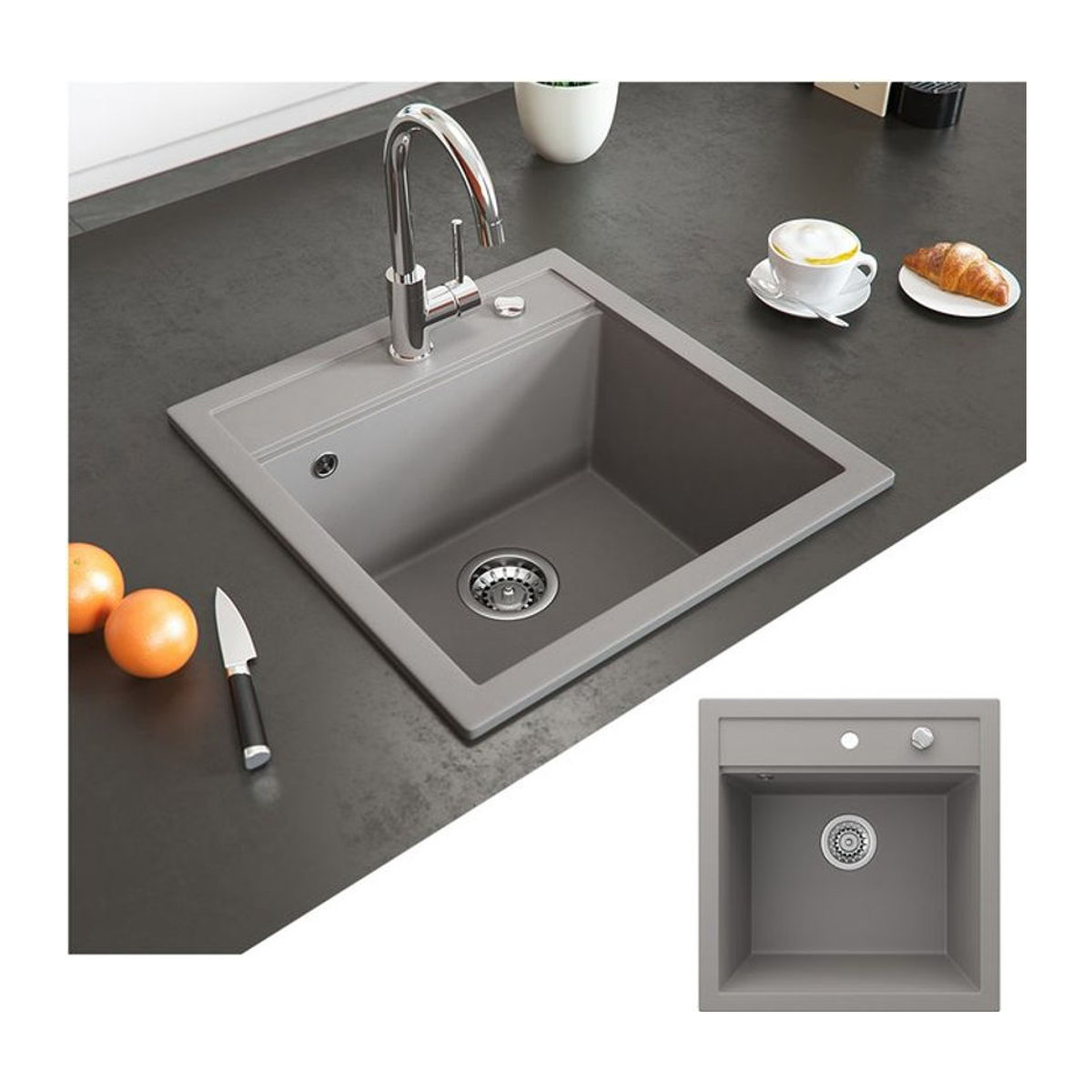Bergström Küchenspüle aus Granit in Beton-Optik, Farbe Grau, B/T: 49 x 50 cm - Bild 1