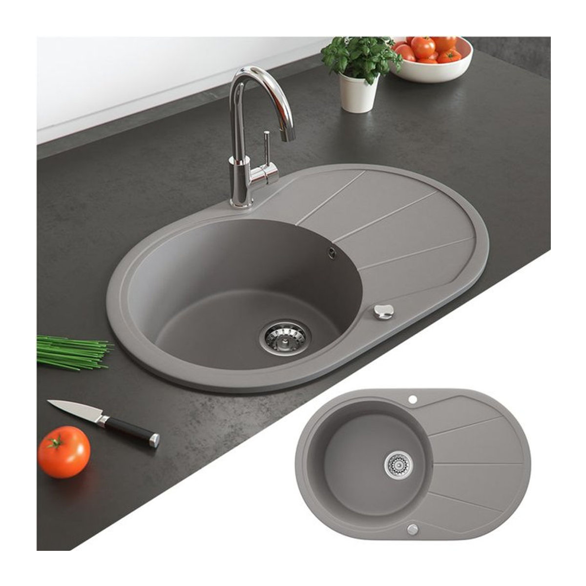Bergström Küchenspüle aus Granit in Beton-Optik Grau mit Trockenplatz B/T: 78 x 50 cm - Bild 1