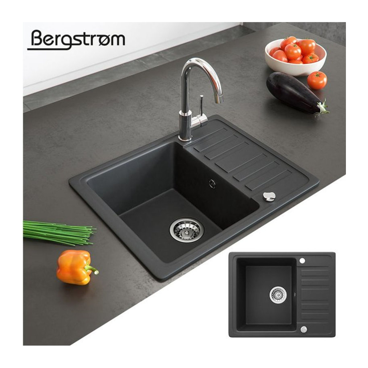 Bergström Küchenspüle aus Granit in Schwarz mit Spülbecken, Drehexcenter und Siphon im modernen Design - Bild 1