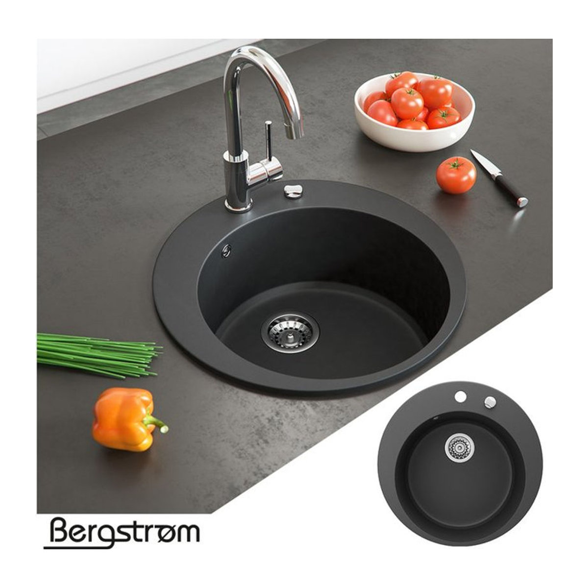 Bergström Küchenspüle aus Granit in Schwarz mit Spülbecken, Drehexcenter und Siphon im modernen Design - Bild 1