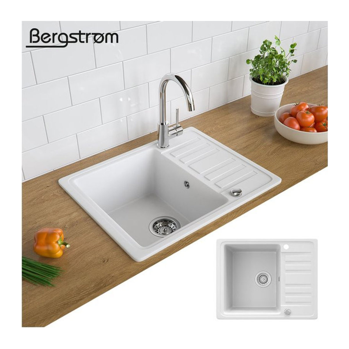 Bergström Küchenspüle aus Granit in Weiß mit Spülbecken, Drehexcenter und Siphon im modernen Design - Bild 1