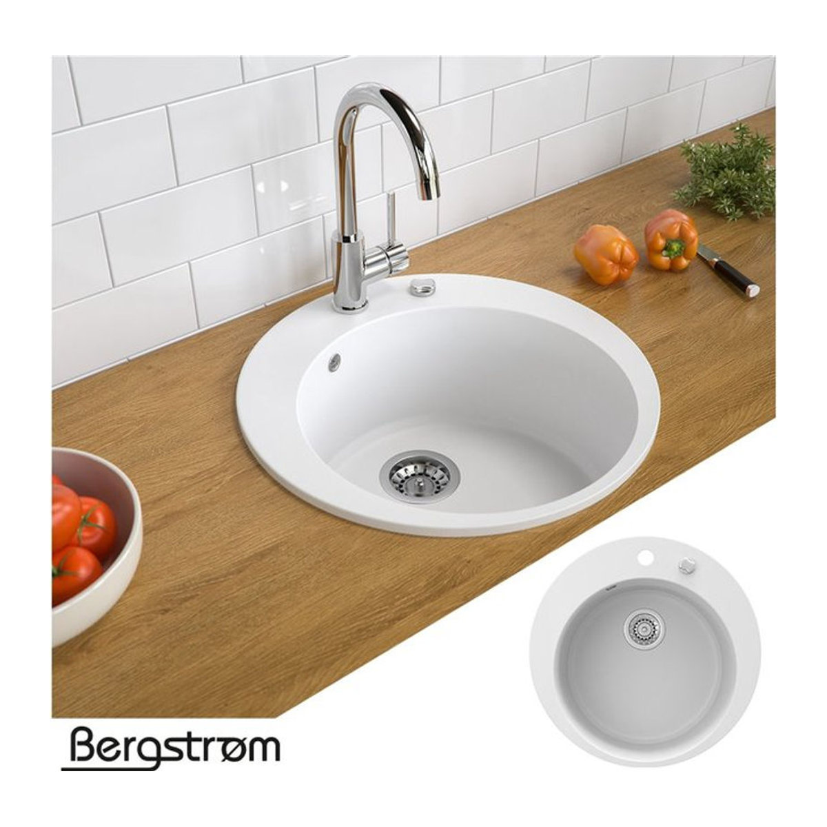 Bergström Küchenspüle aus Granit in Weiß mit Spülbecken, Drehexcenter und Siphon im modernen minimalistischen Design - Bild 1
