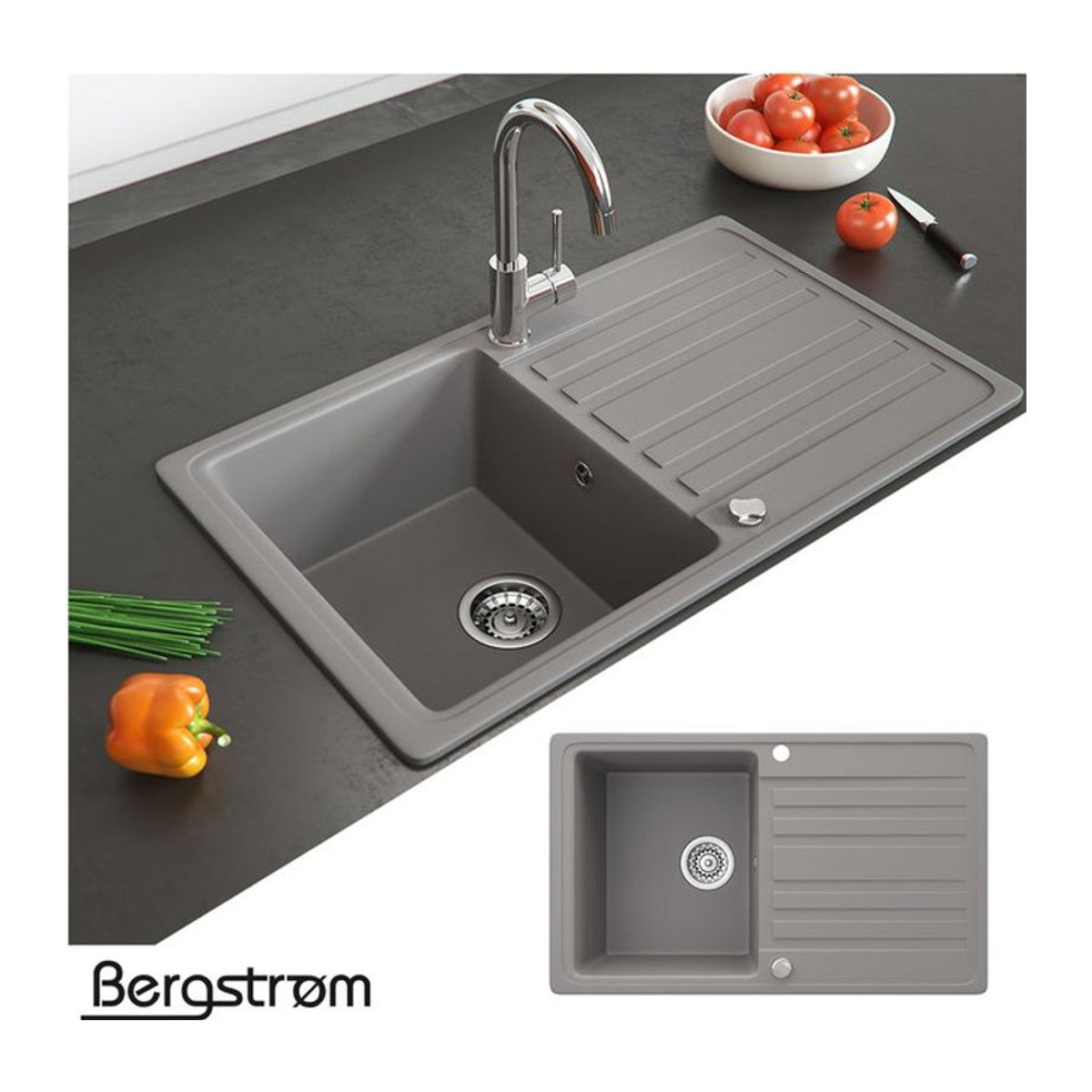 Bergström Küchenspüle aus Granit und Beton in Grau mit Trockenplatz, B/T: 76,5 x 46 cm - Bild 2