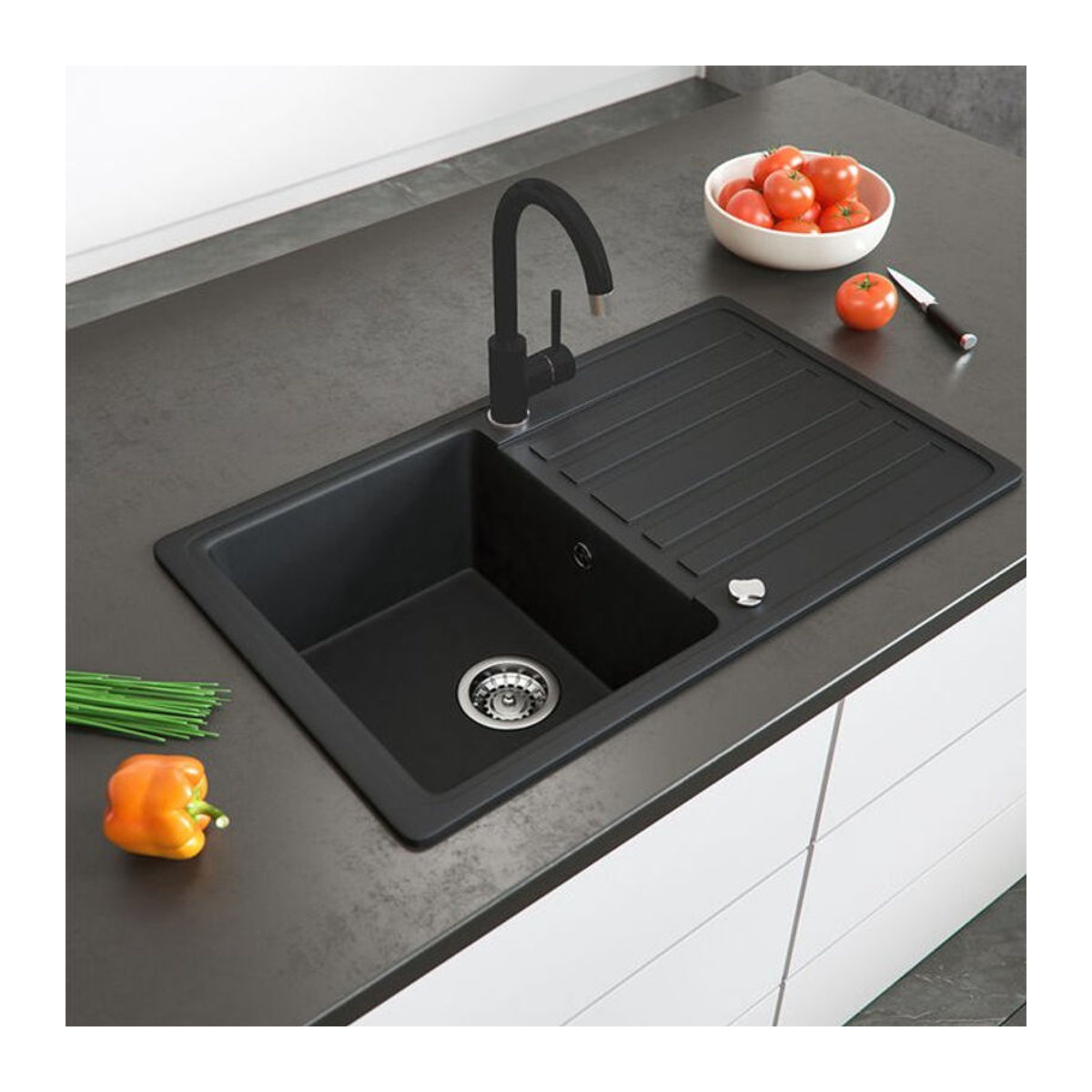 Bergström Spülbecken aus Granit in Schwarz mit Trockenplatz, Modern, B: 77 cm, T: 46 cm - Bild 2