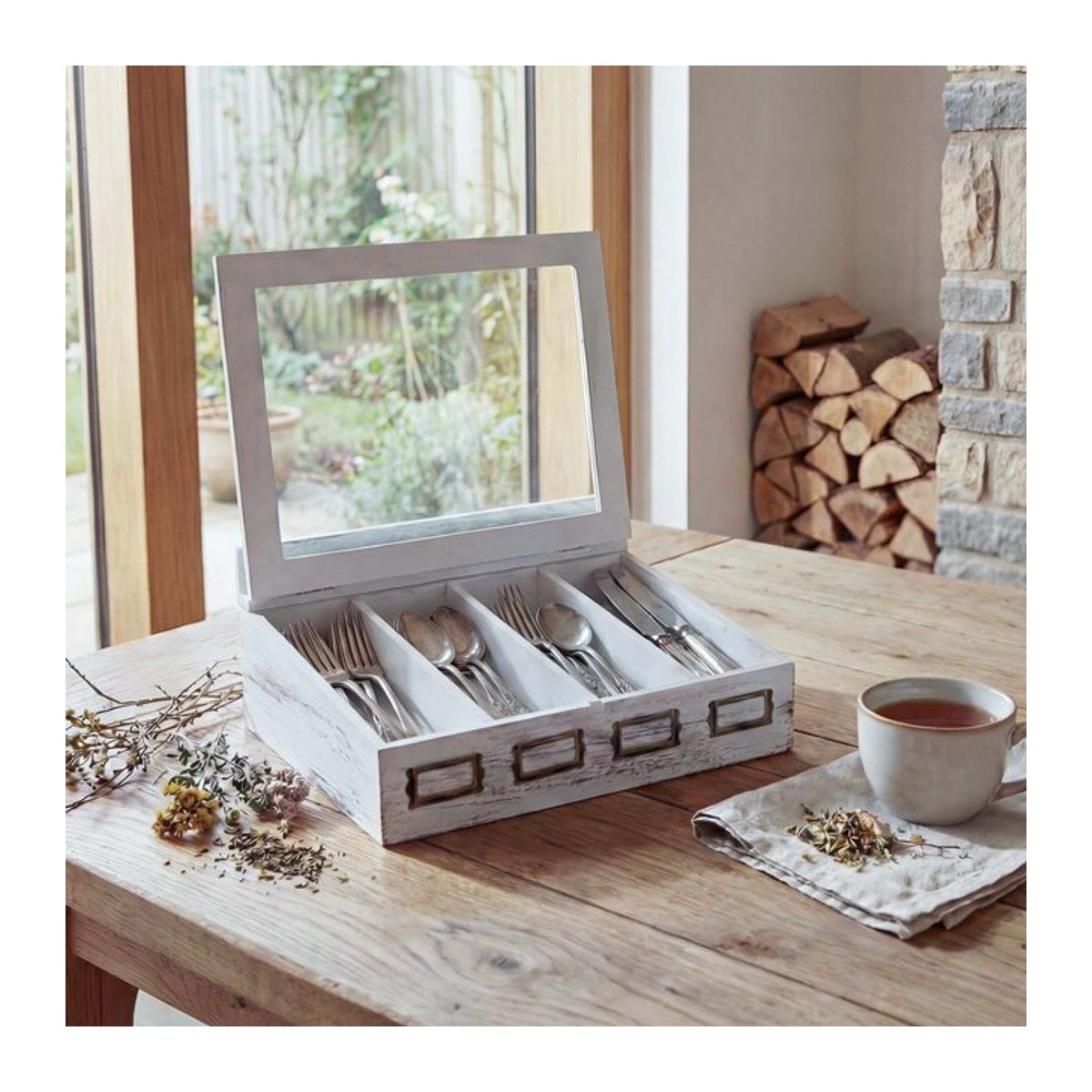 Besteckkiste MCW-C25 aus Paulownia Holz mit Deckel in Weiß im Shabby-Chic-Design, B/T/H: 37 x 17 x 33 cm - Bild 1